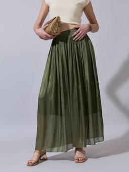 SHOWOFFFF - Women Green Sheer Wide-Leg Palazzo