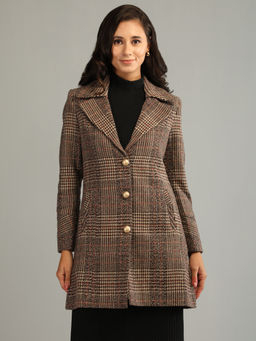 HONNETE - Blue Colour Stylish Houndstooth Design Women Winter Coat