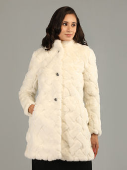 HONNETE - Cream Colour Stylish Houndstooth Design Women Winter Coat