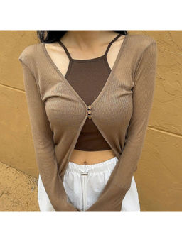 Outzidr - Brown Full Sleeves Front Button Shrug