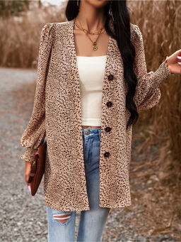 Outzidr - Cream Printed Shrug With Front Buttons