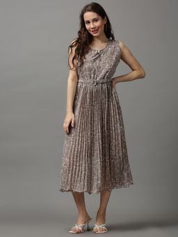 SHOWOFF - Women's Round Neck Embellished Taupe Midi Dress (Set of 2)