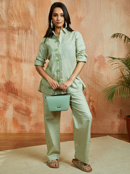 Vastramay - Women Linen Coconut Tree Embroidered Shirt & Pant (Set of 2)