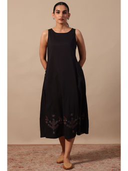 Folksong - Black Embroidered Midi Dress for Women