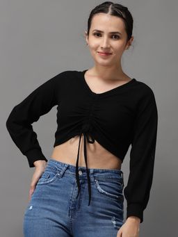 SHOWOFF - Womens V-neck Black Fitted Crop Top