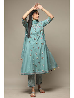 Biba - Womens Green Embroidered Cotton Gathered Suit (Set of 3)