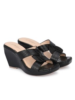 Delize - Light - Women Black Croco Print Vegan Leather Cross Strap Wedge Heel Sandals