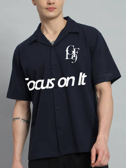 Griffel - Men Navy Blue Typography Cotton Shirt