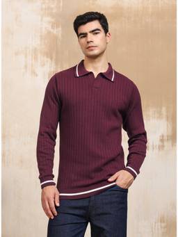 Kvetoo - Men Burgundy Textured Cotton Sweater