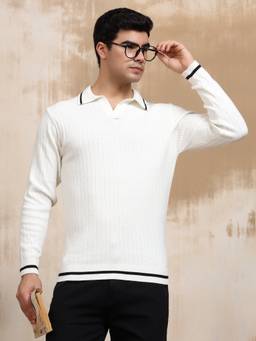 Kvetoo - Men White Textured Cotton Sweater