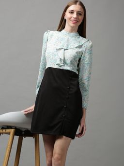 SHOWOFF - Womens High Neck Floral Green Mini Dress