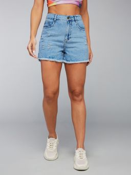 DOLCE CRUDO - Women Light Blue Relaxed Fit Mid Rise Regular Denim Shorts