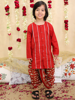 BownBee - Maroon Festive Full Sleeves Cotton Kurta with Dhoti