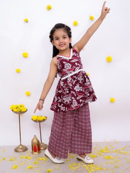 BownBee - Maroon Sleeveless Pure Cotton Top with Palazzo