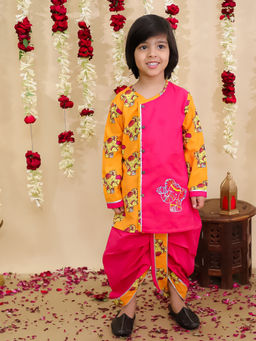 BownBee - Orange Cotton Embroidered Elephant Printed Dhoti & Kurta