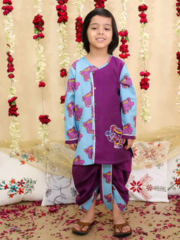 BownBee - Purple Cotton Embroidered Elephant Printed Dhoti & Kurta