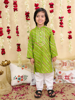 BownBee - Green Pure Cotton Leheriya Kurta with Pyjama