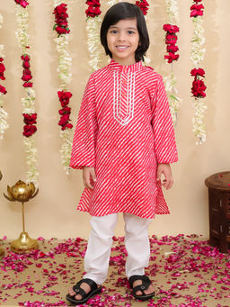 BownBee - Red Cotton Leheriya Kurta with Pyjama