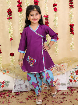 BownBee - Purple Cotton Embroidered Angarkha Print Kurti & Dhoti