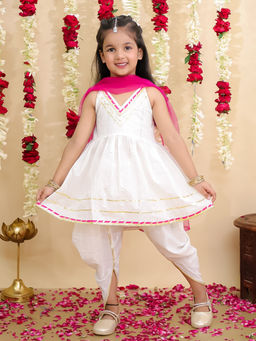 BownBee - White Cotton Lurex Kurti with Dhoti & Dupatta (Set of 3)