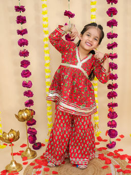 BownBee - Red Pure Cotton Printed Kurti with Sharara & Scrunchie (Set of 3)