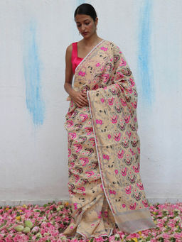 Chidiyaa - Gul-Khwaab Handwoven Jamdani Pure Linen Saree without Blouse