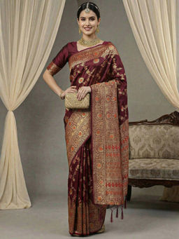 Akhilam - Women Maroon Silk Woven Saree with Unstitched Blouse
