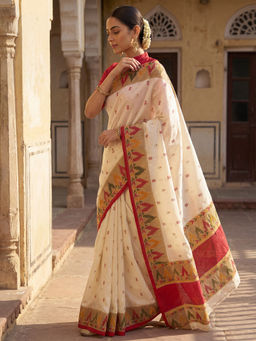 Sareemall - Women Silk Blend White Printed Saree With Unstitched Blouse