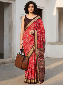 Akhilam - Women Red Silk Abstract Saree with Unstitched Blouse