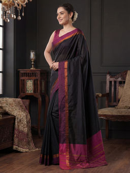 Sareemall - Women Silk Black Woven Zari Saree With Unstitched Blouse