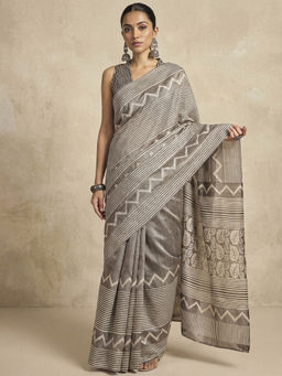 Akhilam - Women Grey Silk Geometric Saree with Unstitched Blouse