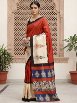 Akhilam - Women Rust Silk Abstract Saree with Unstitched Blouse