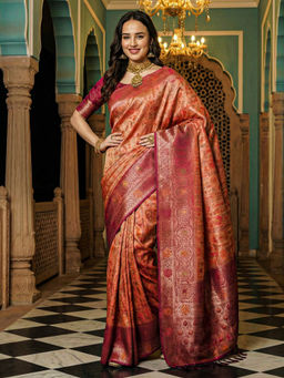 Akhilam - Women Pink Silk Woven Saree with Unstitched Blouse