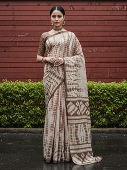 Akhilam - Women Beige Silk Geometric Saree with Unstitched Blouse