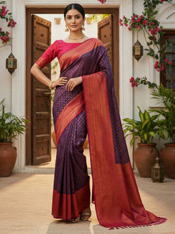 Akhilam - Women Purple Silk Blend Woven Saree with Unstitched Blouse
