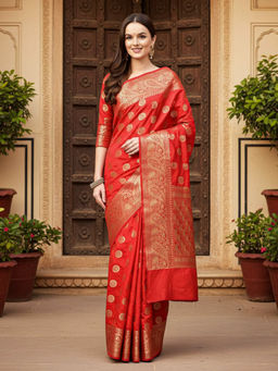 Akhilam - Women Red Silk Blend Woven Saree with Unstitched Blouse