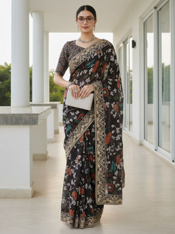 Akhilam - Women Black Georgette Floral Saree with Unstitched Blouse