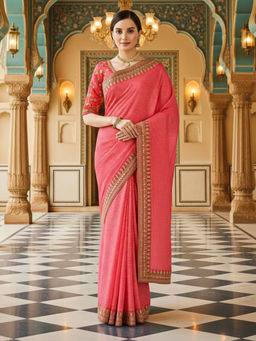 Akhilam - Women Pink Georgette Stripes Saree with Unstitched Blouse