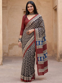 Akhilam - Women Brown Silk Abstract Saree with Unstitched Blouse