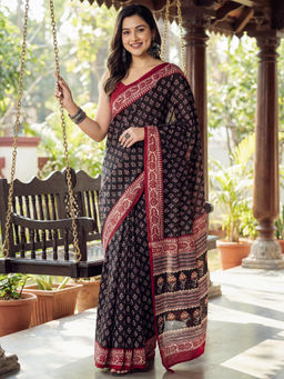 Akhilam - Women Black Silk Abstract Saree with Unstitched Blouse