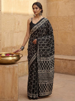 Akhilam - Women Black Silk Geometric Saree with Unstitched Blouse