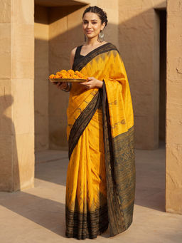 Akhilam - Women Yellow Silk Abstract Saree with Unstitched Blouse