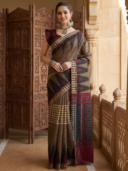 Akhilam - Women Beige Silk Abstract Saree with Unstitched Blouse