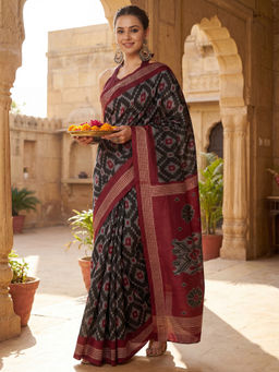 Akhilam - Women Black Silk Geometric Saree with Unstitched Blouse