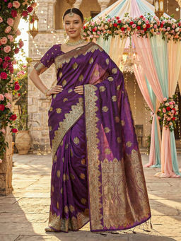 Akhilam - Women Purple Silk Woven Saree with Unstitched Blouse