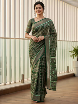 Akhilam - Women Green Brasso Geometric Saree with Unstitched Blouse