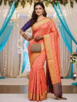 Akhilam - Women Peach Silk Blend Woven Saree with Unstitched Blouse
