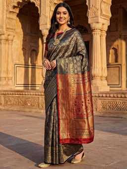 Akhilam - Women Navy Blue Silk Blend Woven Saree with Unstitched Blouse