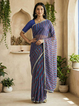 Akhilam - Women Blue Chiffon Stripes Saree with Unstitched Blouse