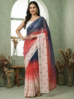 Akhilam - Women Navy Blue Georgette Stripes Saree with Unstitched Blouse